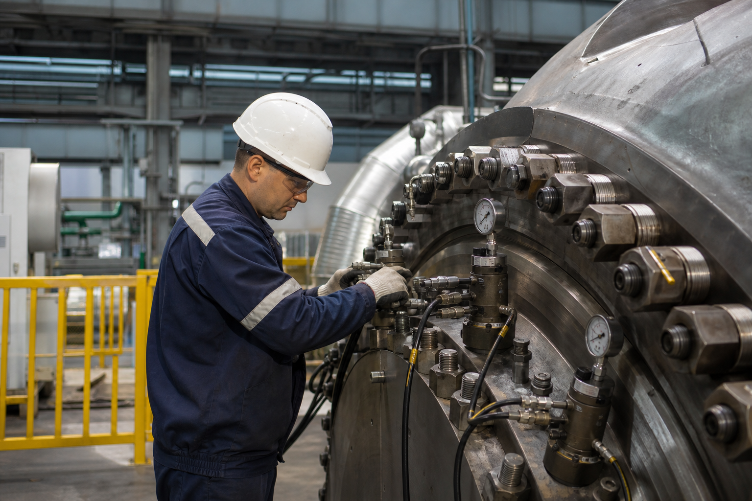 Hydraulic torque wrench being used on an industrial turbine flange in a power plant