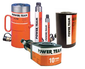 Group of Power Team hydraulic cylinders in various sizes and tonnages